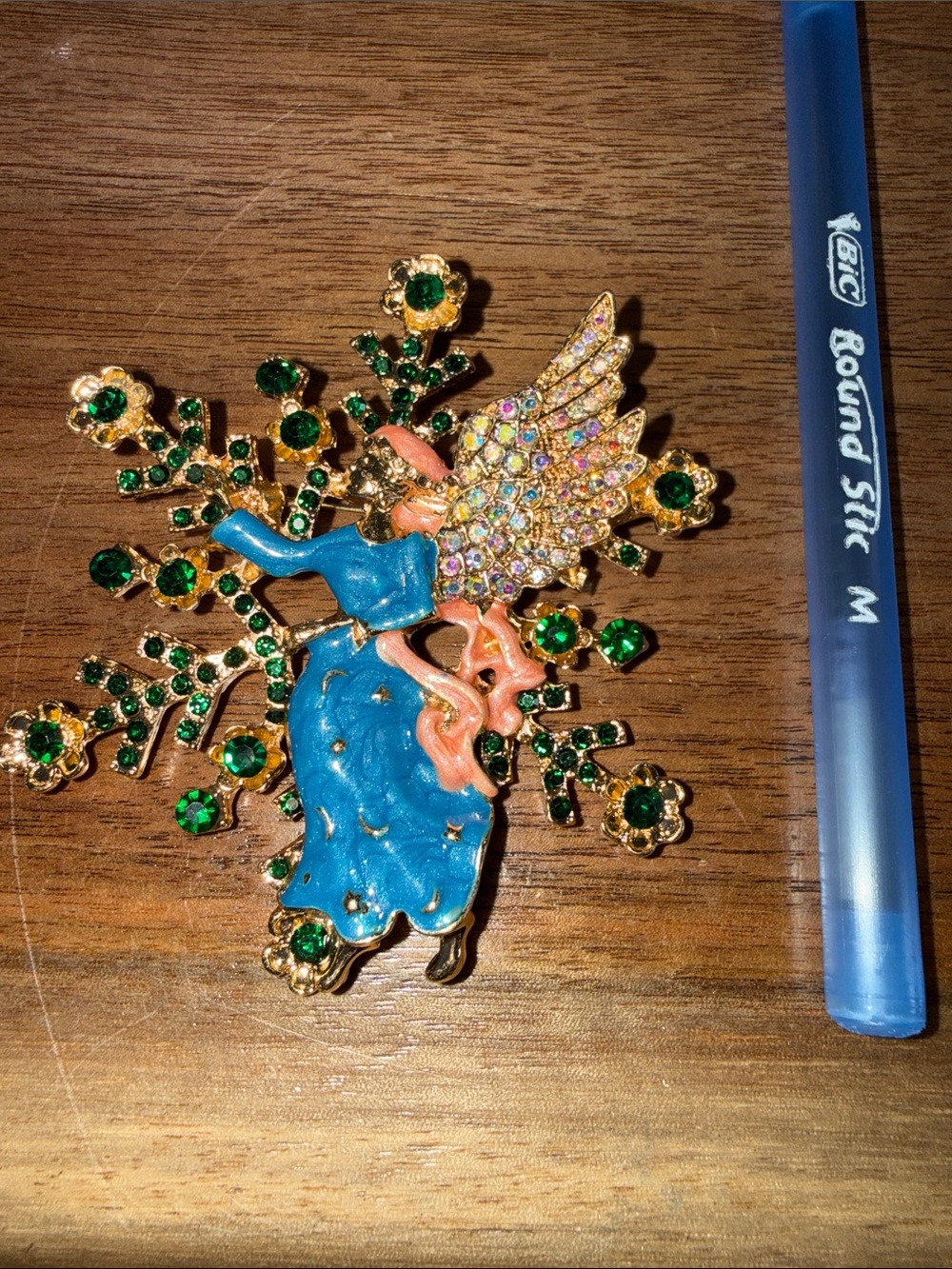 Gold-Tone Angel Brooch with Blue Enamel Dress & Green Crystal Accents